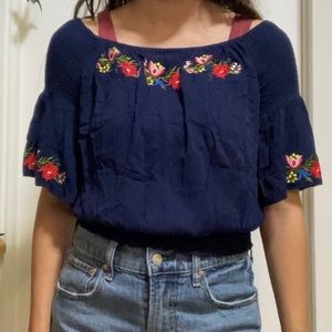 Elastic waist shirred sleeve navy blue peasant blouse with embroidery